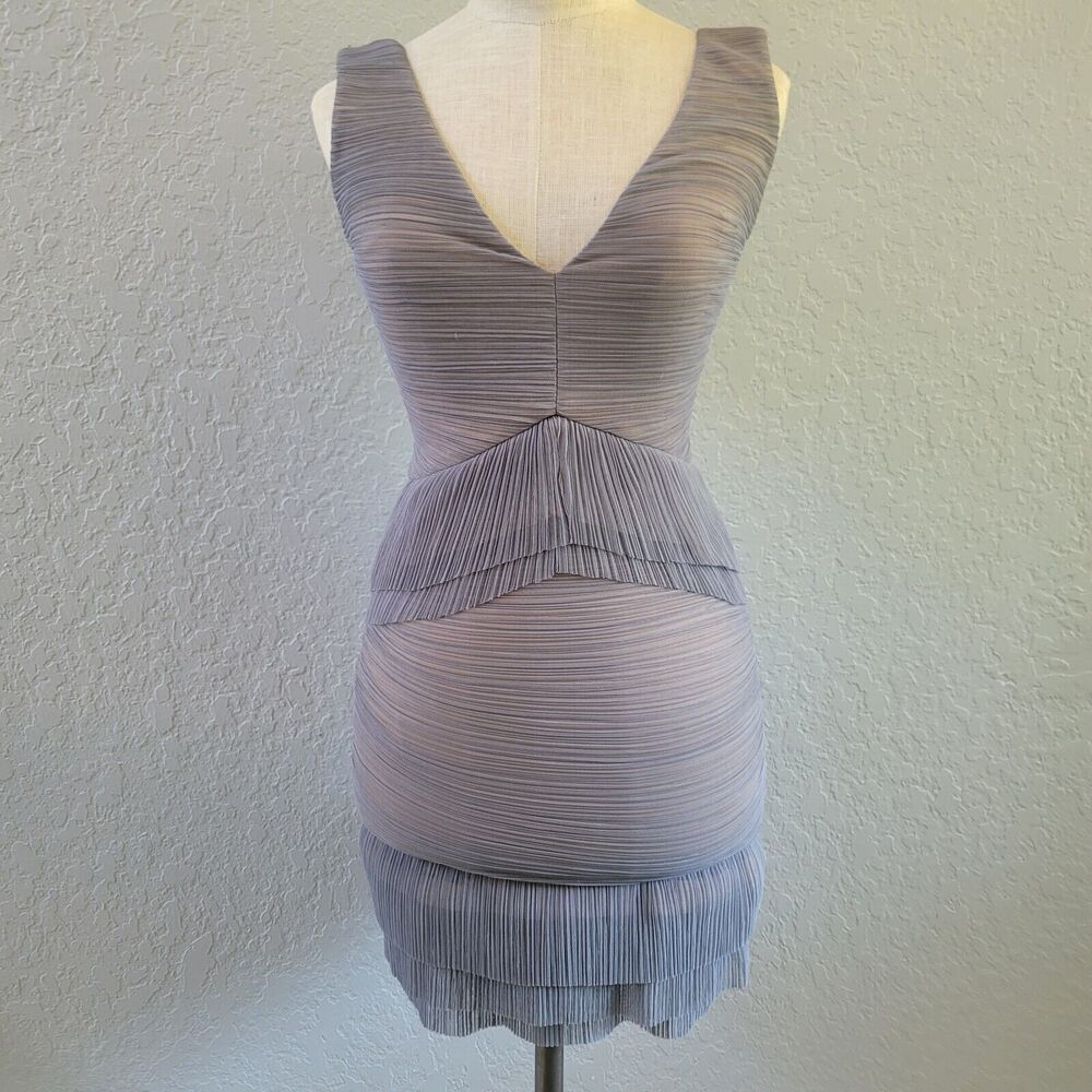BCBGMaxAzria Sven Peplum Micropleat Mini Dress Cocktail Party XXS Gray Smoke